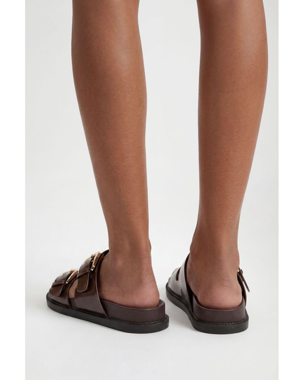 Boohoo Brown Double Buckle Footbed Sliders
