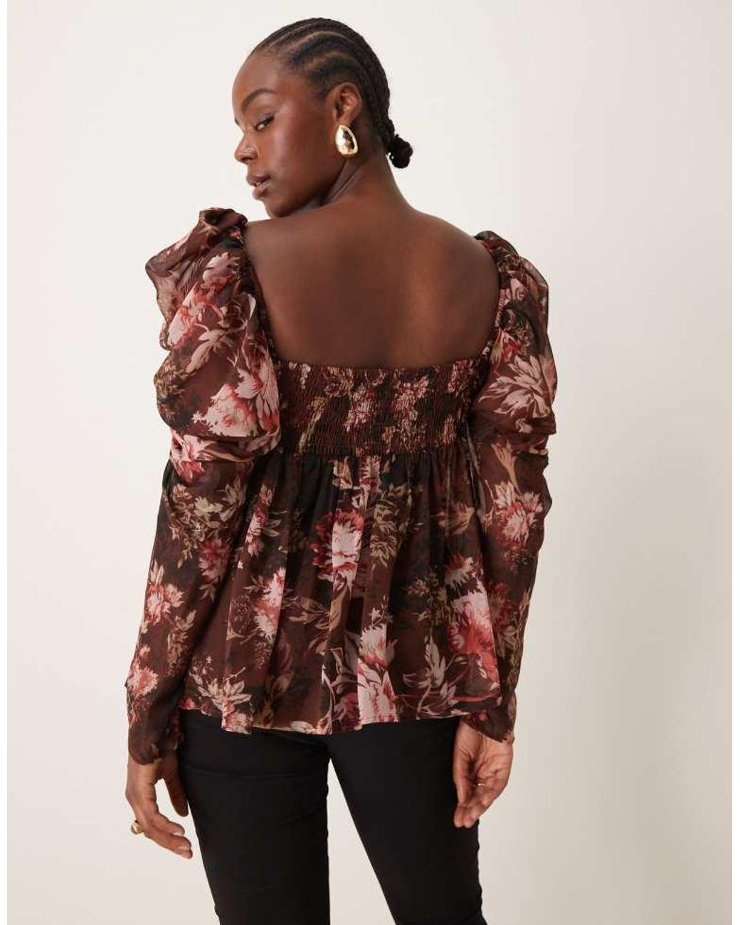 ASOS Brown Design Square Neck Floaty Chiffon Long Sleeve Top