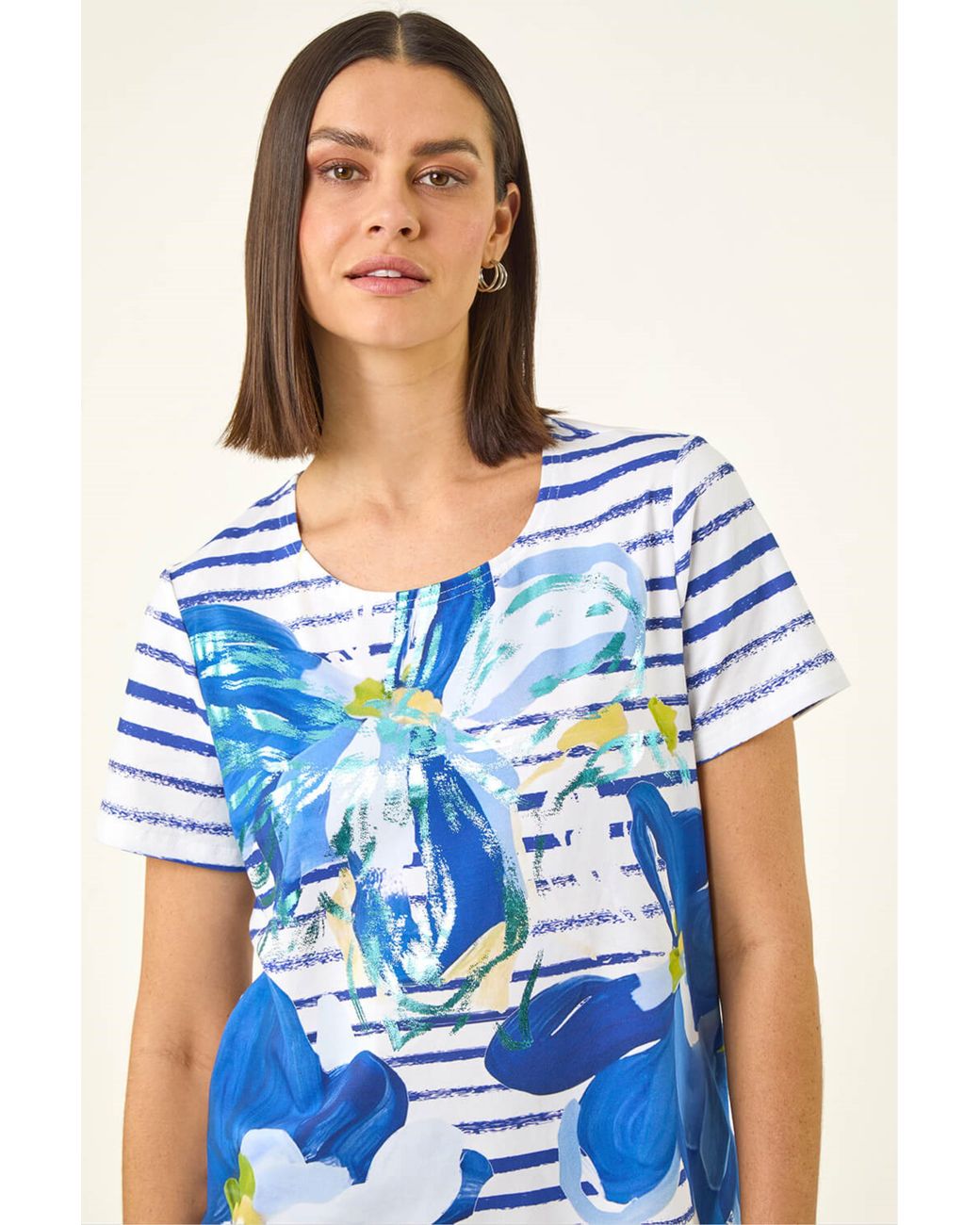Roman Blue Floral Stripe Print Stretch Top