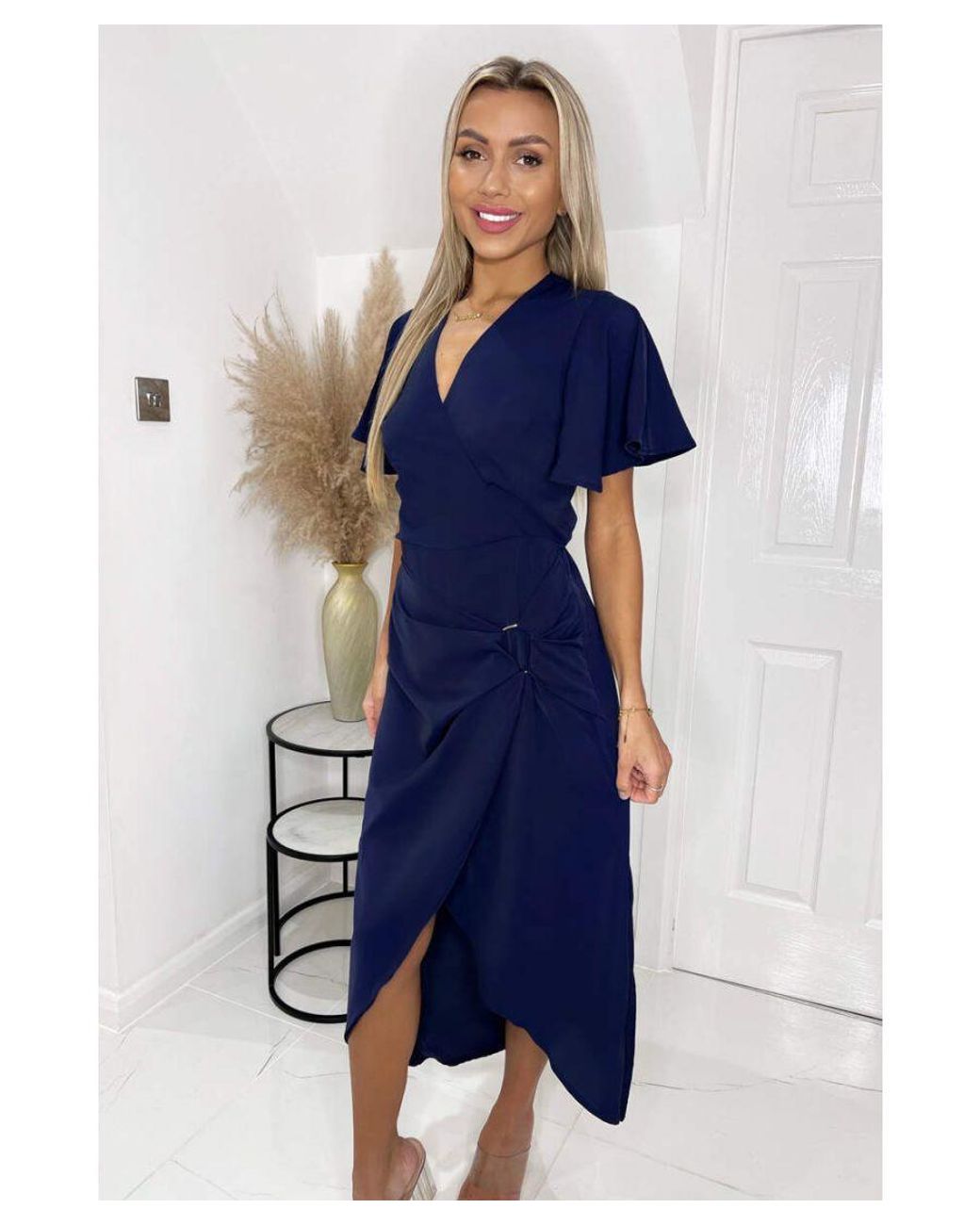 AX Paris Blue Short Sleeve V Neck Buckle Wrap Midi Dress