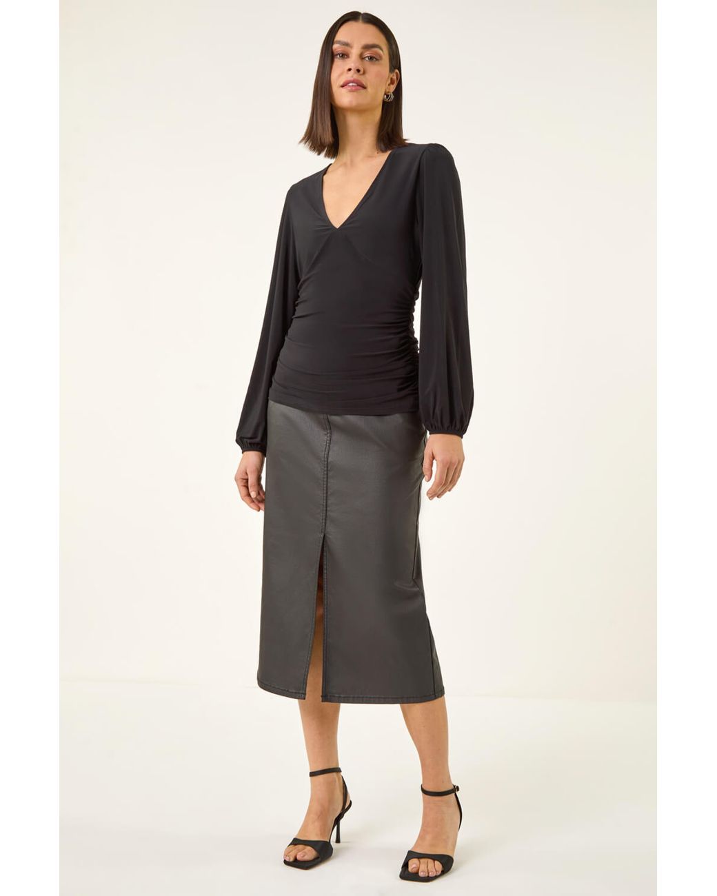 Roman Black Gathered V-Neck Stretch Top