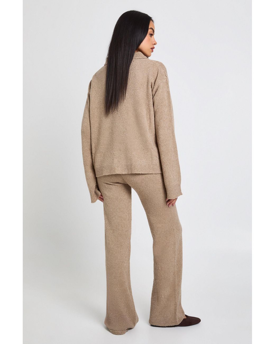 Boohoo Natural Collared Button Down Oversized Knitted Jumper And Straight Leg Trouser Co-Ord