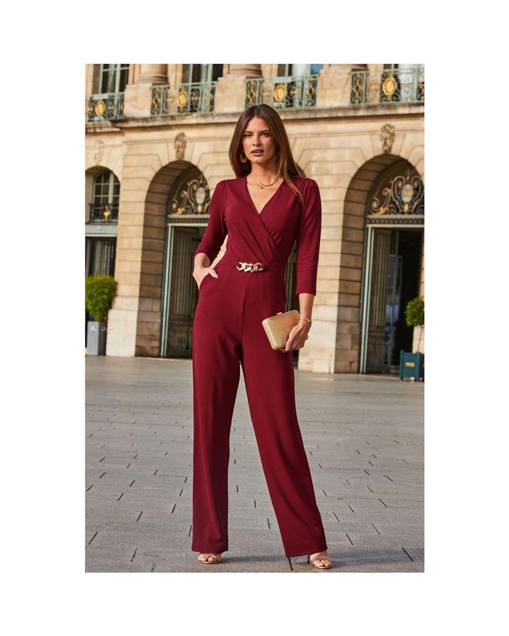 Sosandar Purple Burgundy Faux Wrap Chain Detail Wide Leg Jumpsuit