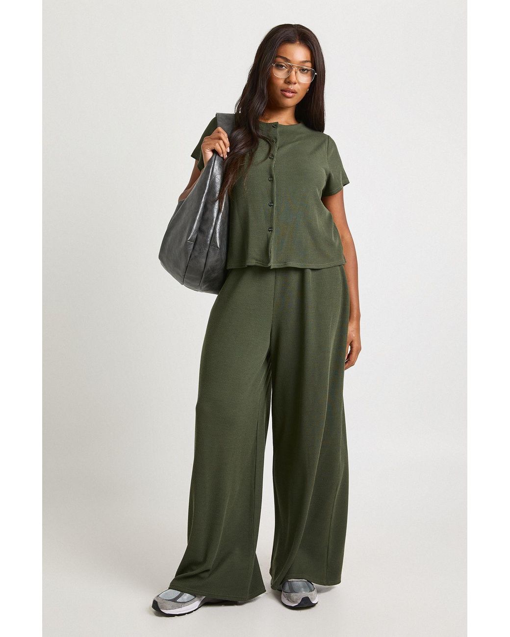 Boohoo Green Plus Crinkle Rib Button Through Cap Sleeve Top And Trouser Set