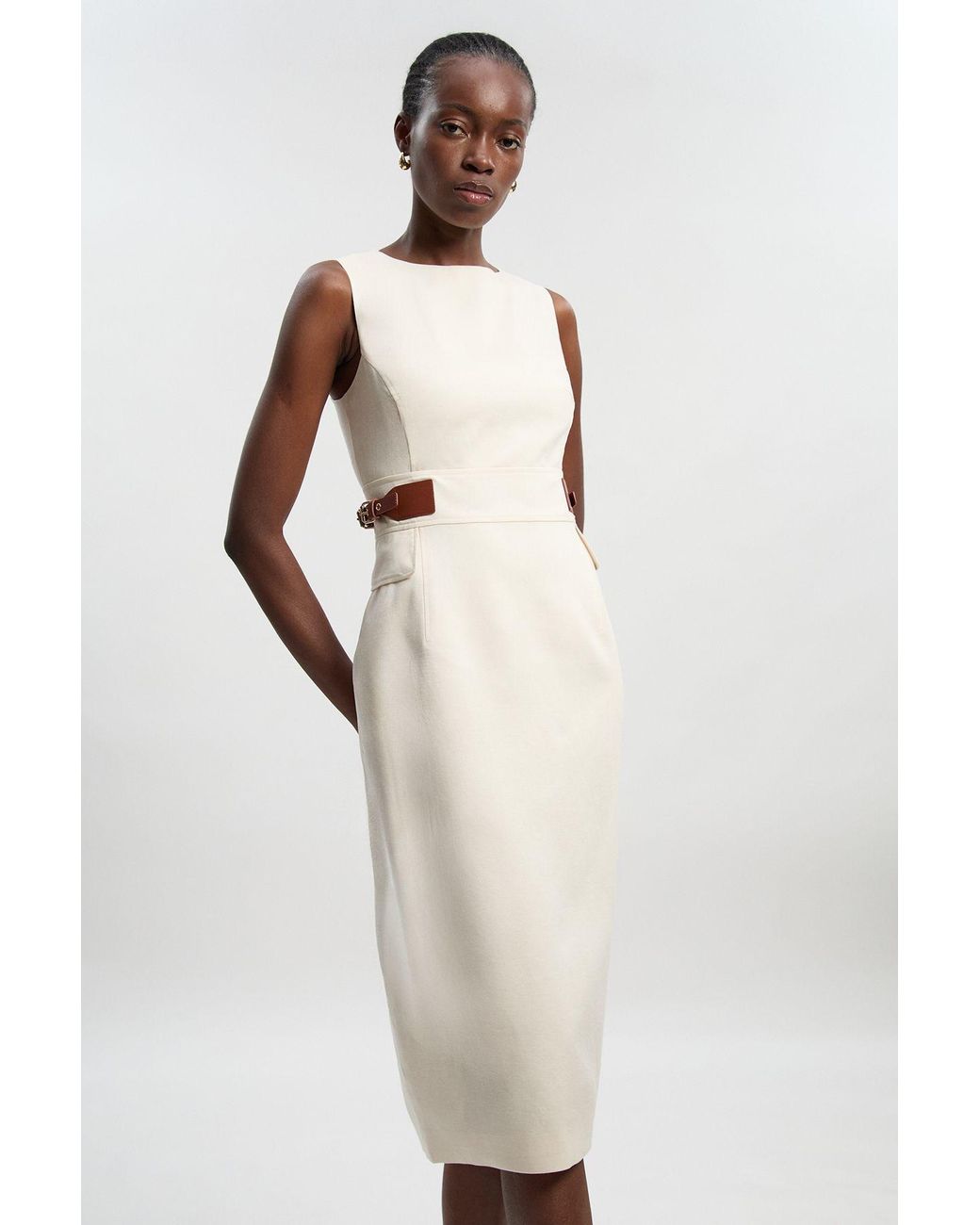 Karen Millen White Tailored Linen Tab Waist Pencil Midi Dress