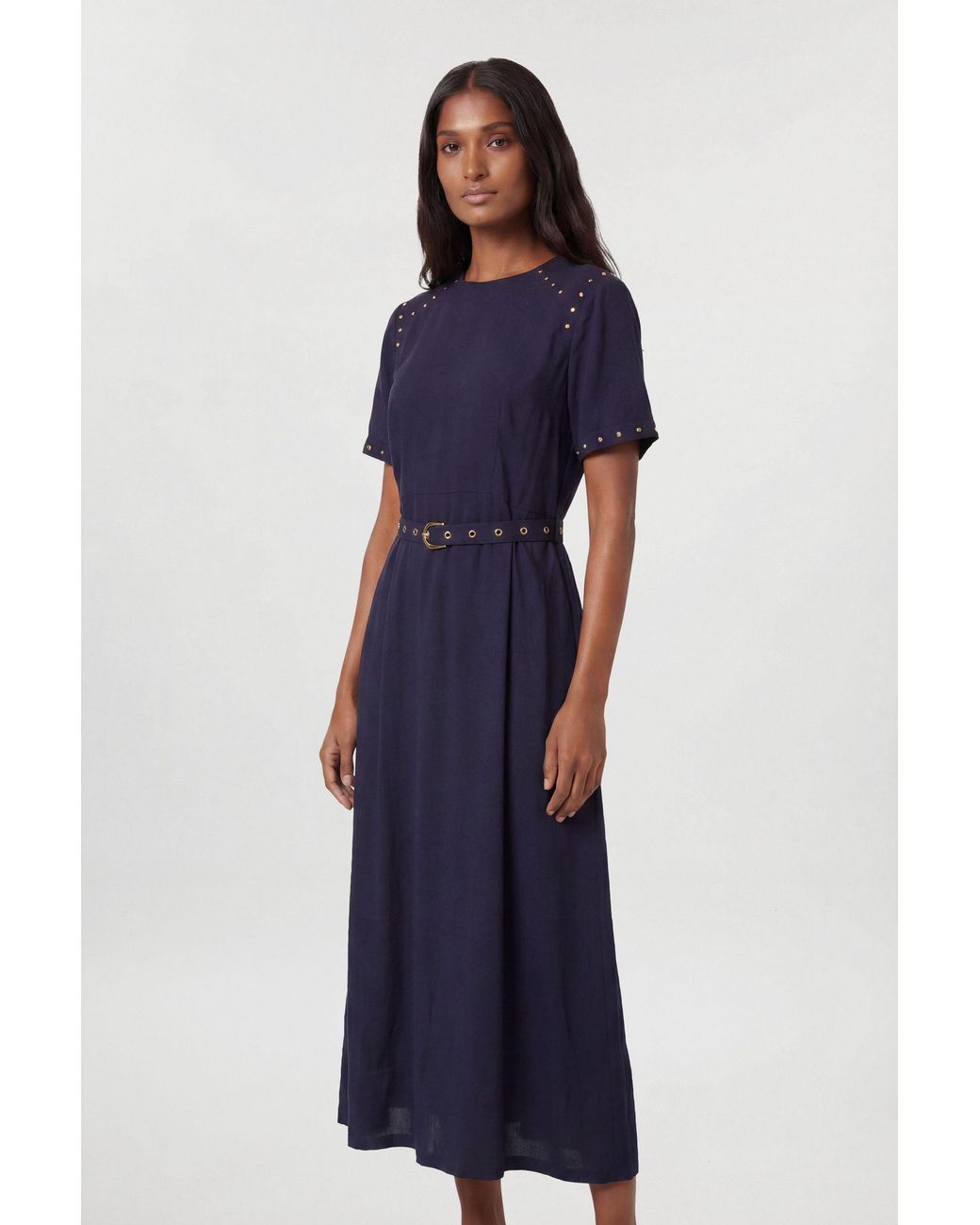 Karen Millen Blue Premium Viscose Linen Woven Midi Dress With Stud Detail