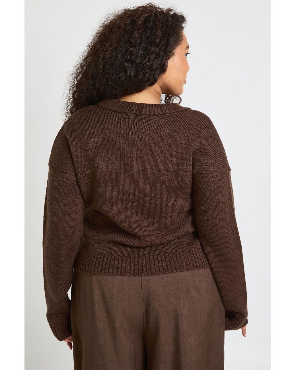 Boohoo Brown Plus Collared V Neck Knit Top