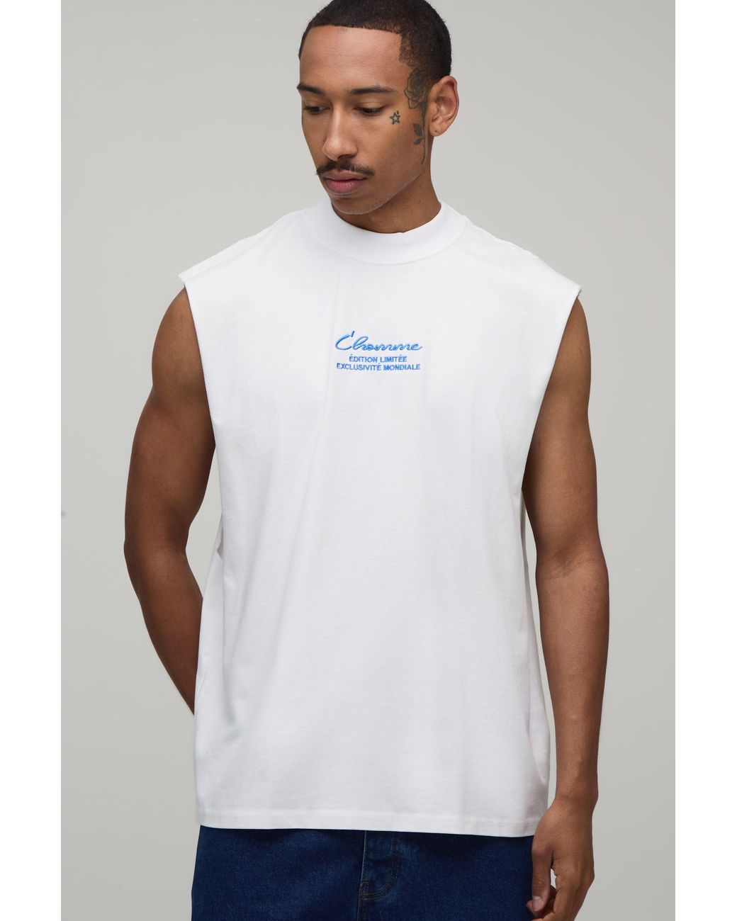 BoohooMAN White Oversized L'Homme Embroidered Tank for men