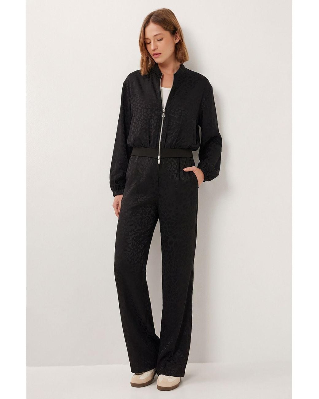 Happiness İstanbul Black Leopard Print High Waist Bomber Collar Co-Ord Set