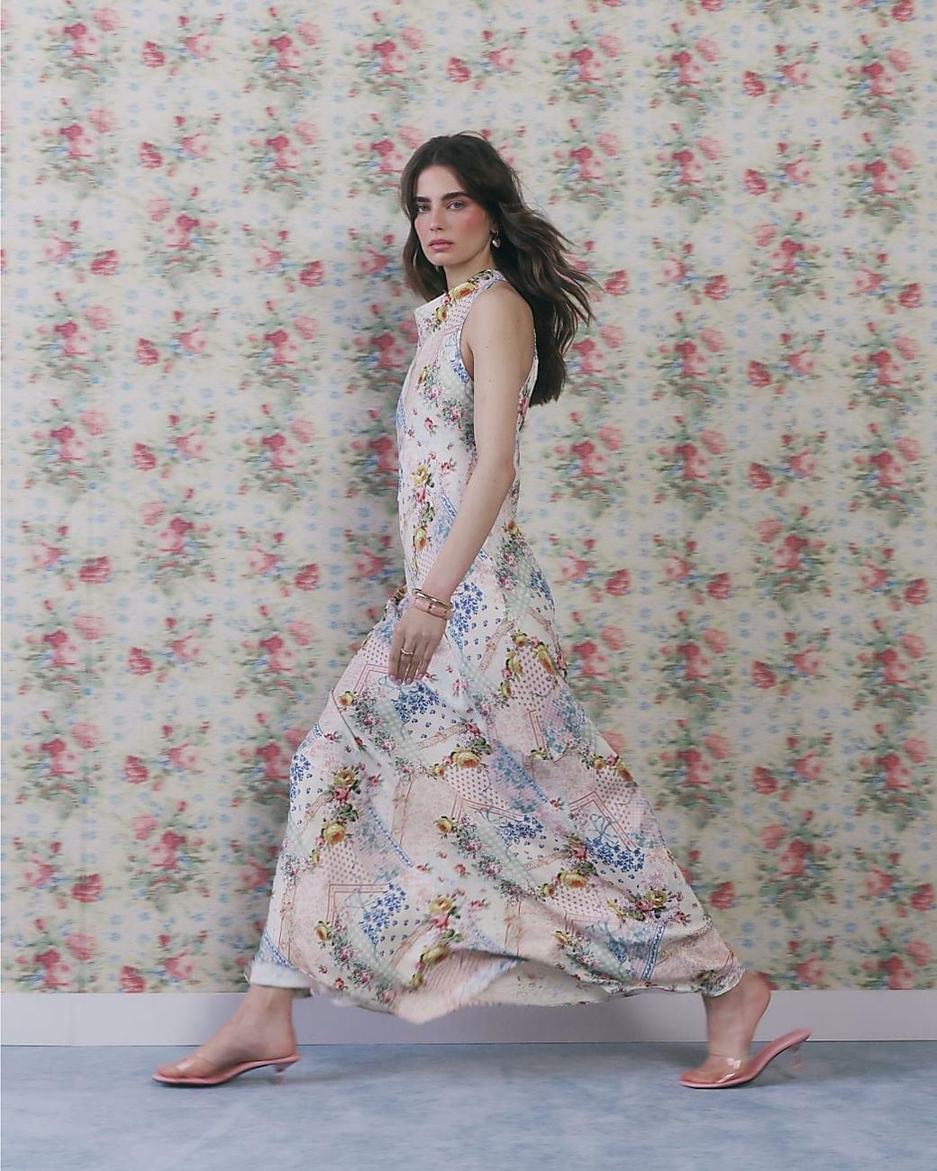 River Island Gray Slip Maxi Dress Halter Neck Floral