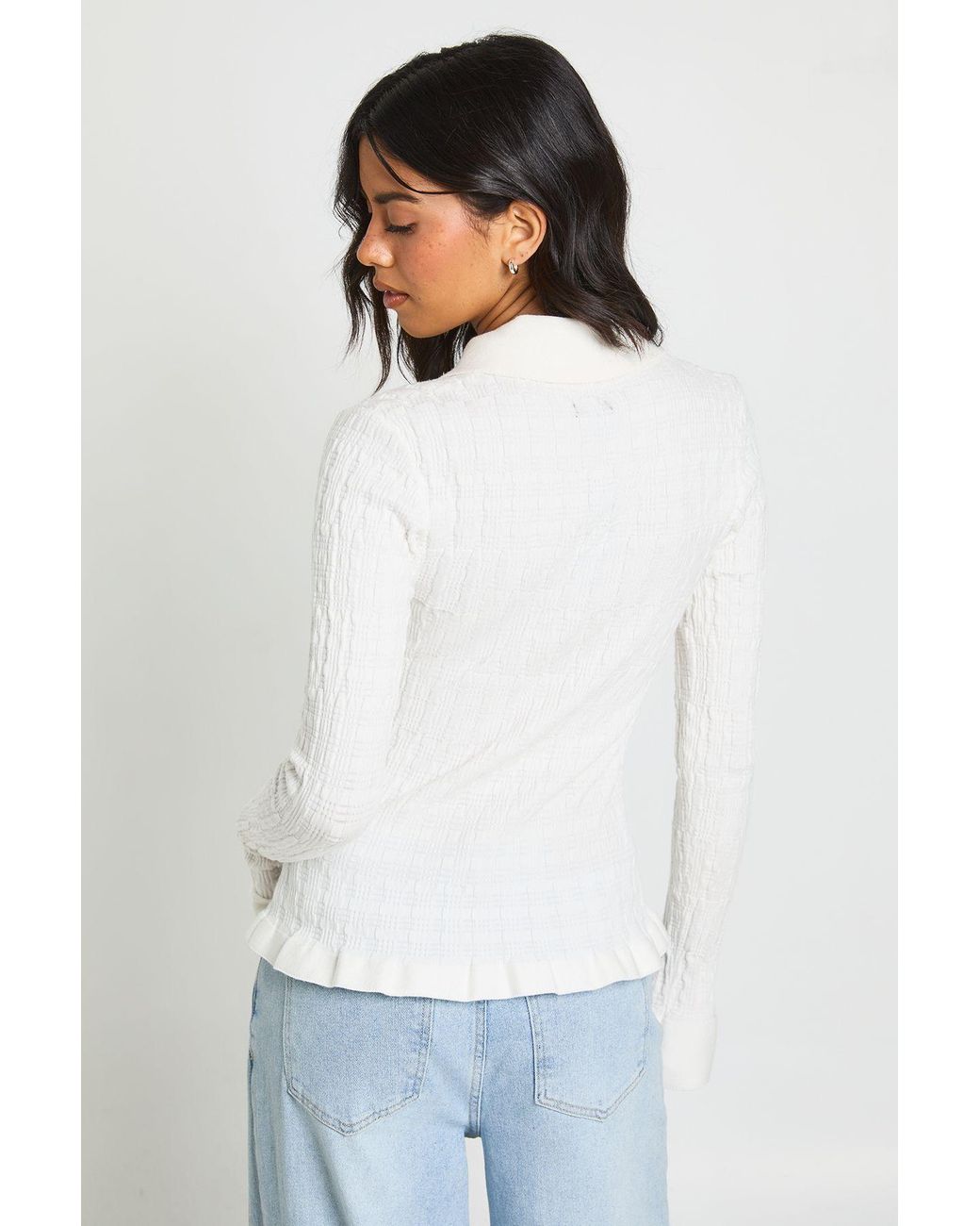 Boohoo White Textured Knit Collared Cardigan