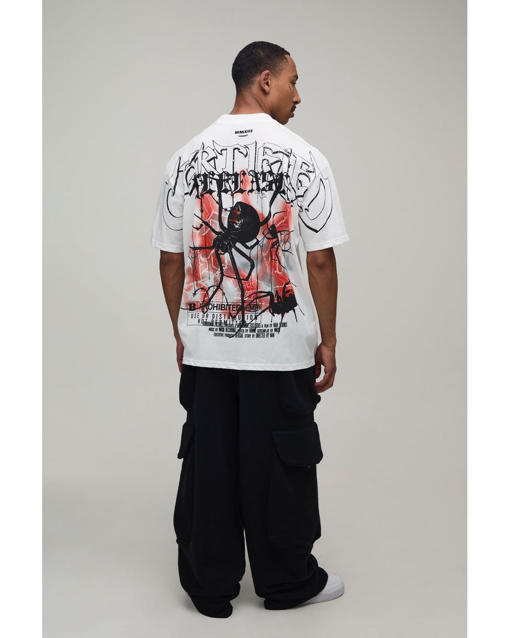 BoohooMAN Gray Oversized Spider Over The Seams Print T-Shirt Cotton for men