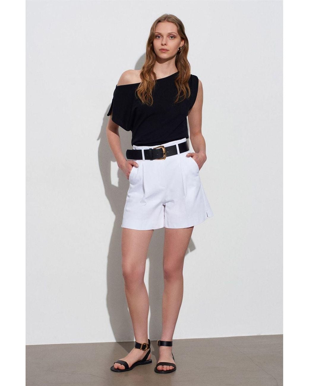 Dilvin White High-Waist Cotton Poplin Belted Shorts