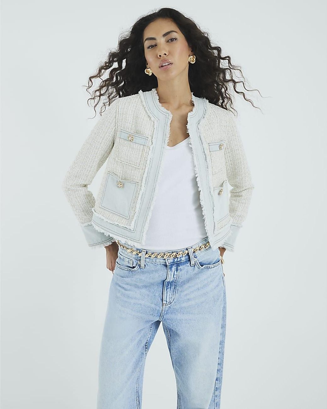 River Island Blue Jacket Long Sleeve Denim Boucle Mix
