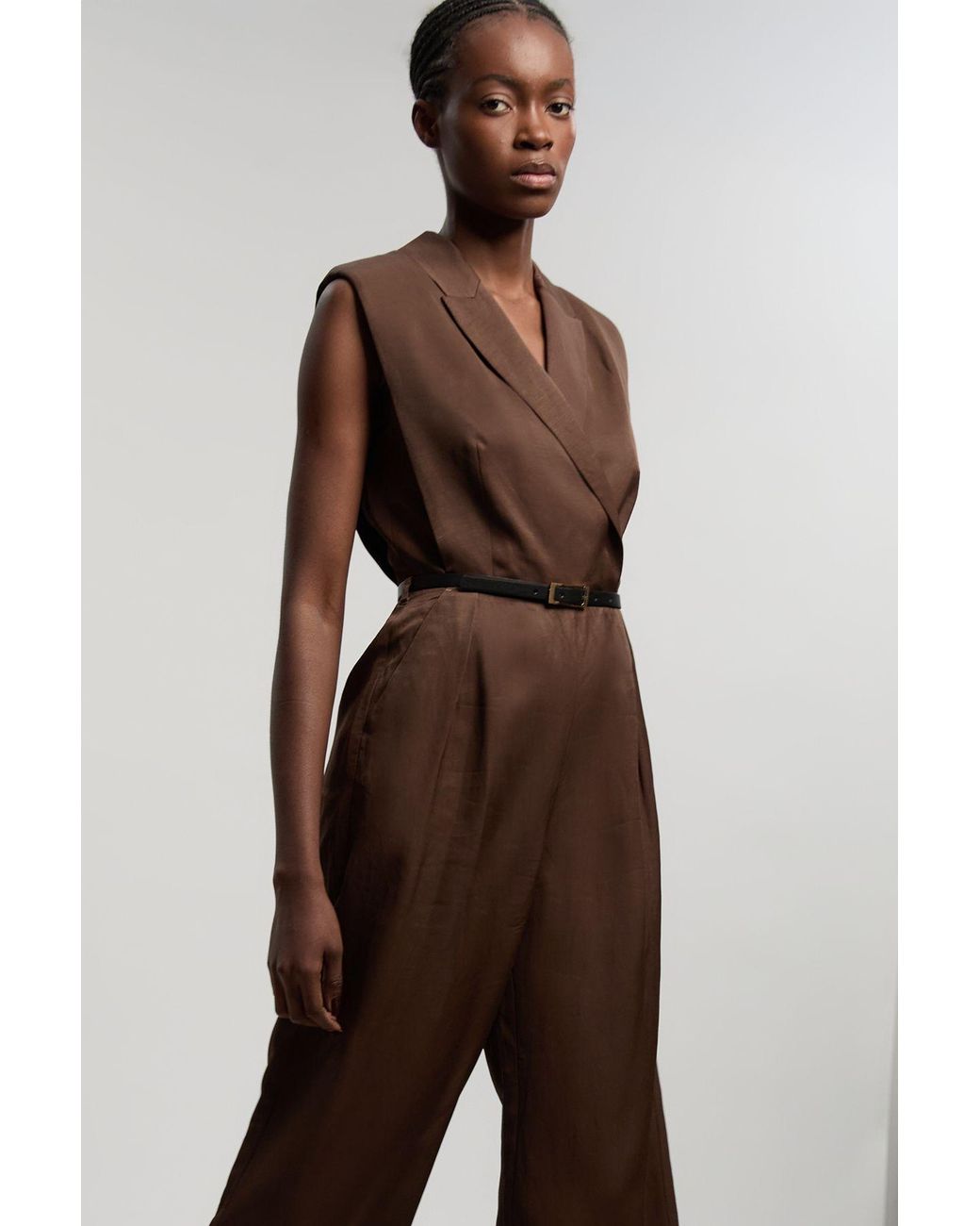 Karen Millen Brown Premium Viscose Linen Tailored Belted Wide Leg Jumpsuit