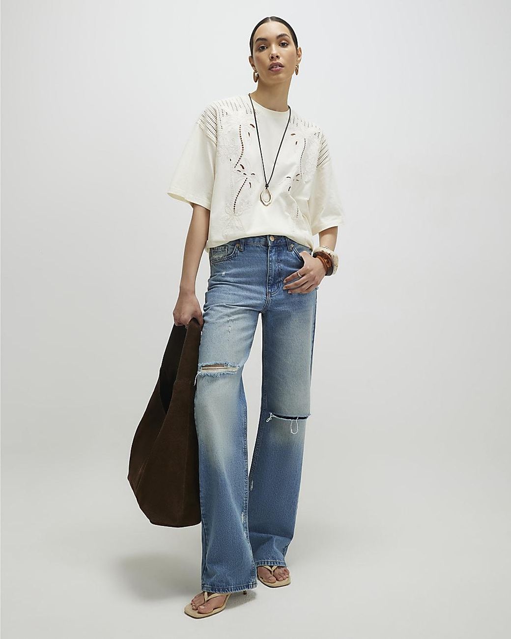 River Island Natural T-Shirt Short Sleeve Palm Broderie Cotton