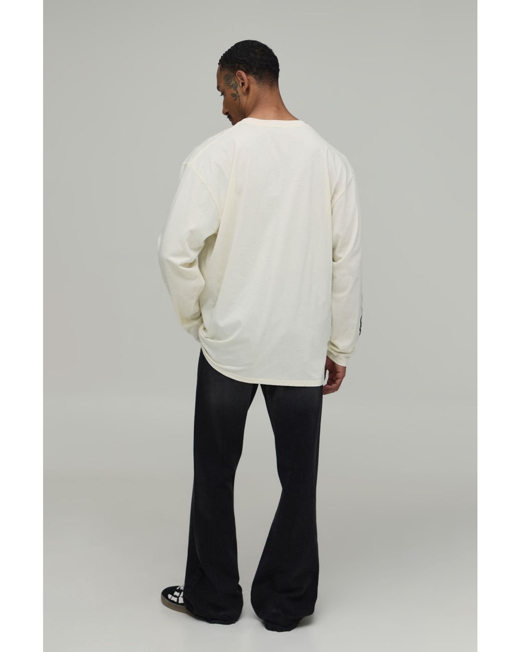 BoohooMAN Natural Oversized Certified Moto Print Long Sleeve T-Shirt Cotton for men