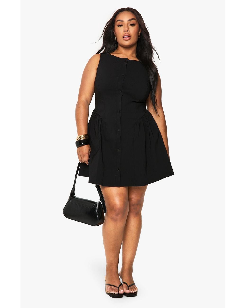 Boohoo Black Plus Size Button Down Mini Skater Dress