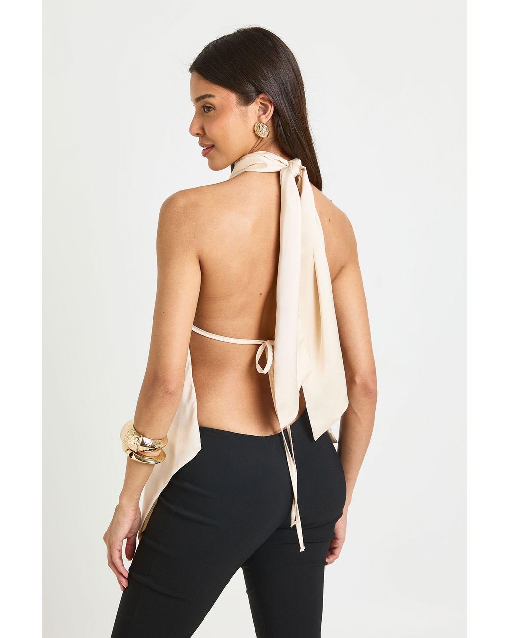 Boohoo Black Satin Funnel Neck Tie Back Top