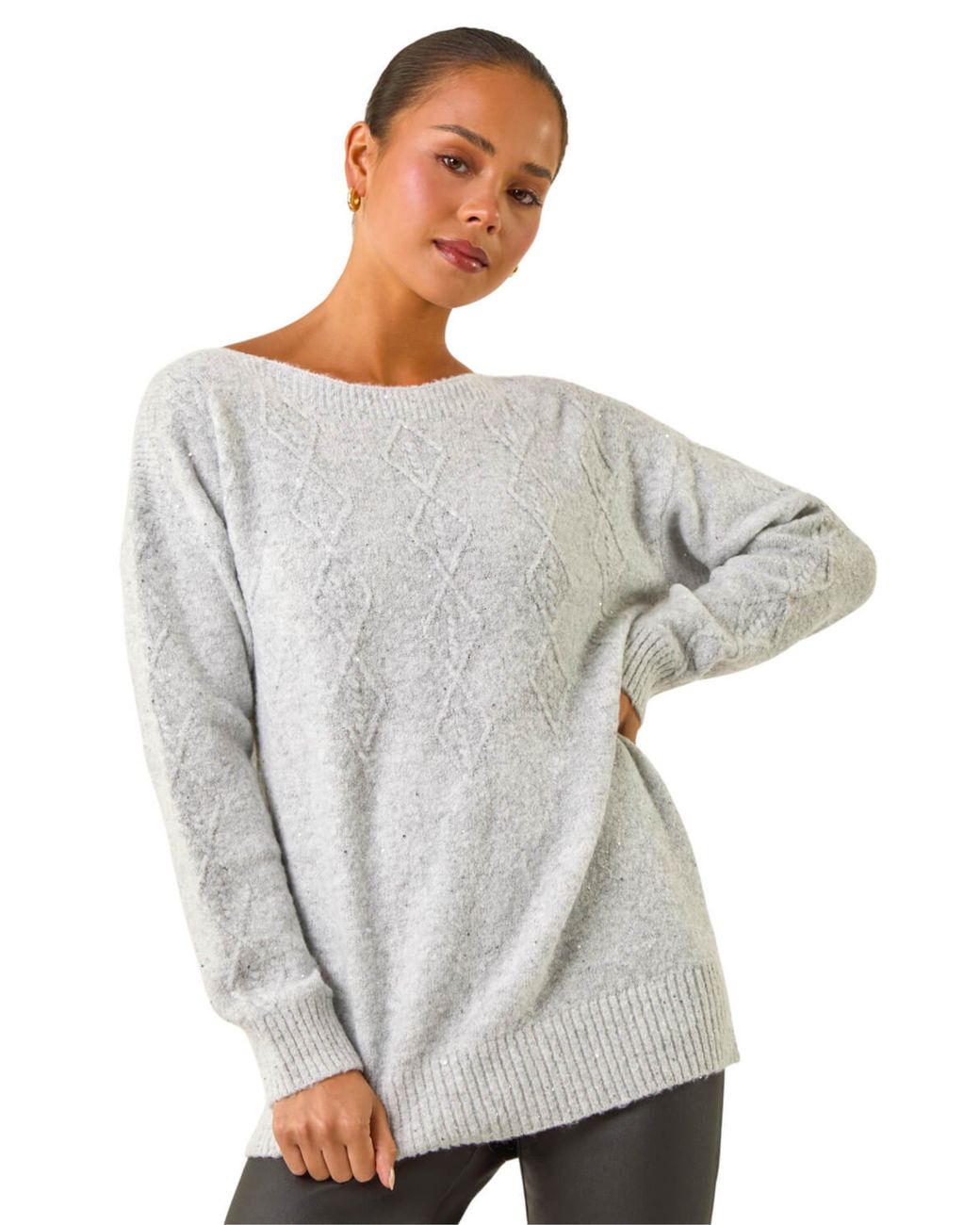 Roman Gray Petite Sequin Cable Knit Jumper