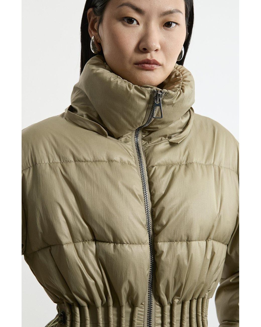 Karen Millen Green Quilted Drawstring Waist Hooded Rib Cuff Puffer Jacket