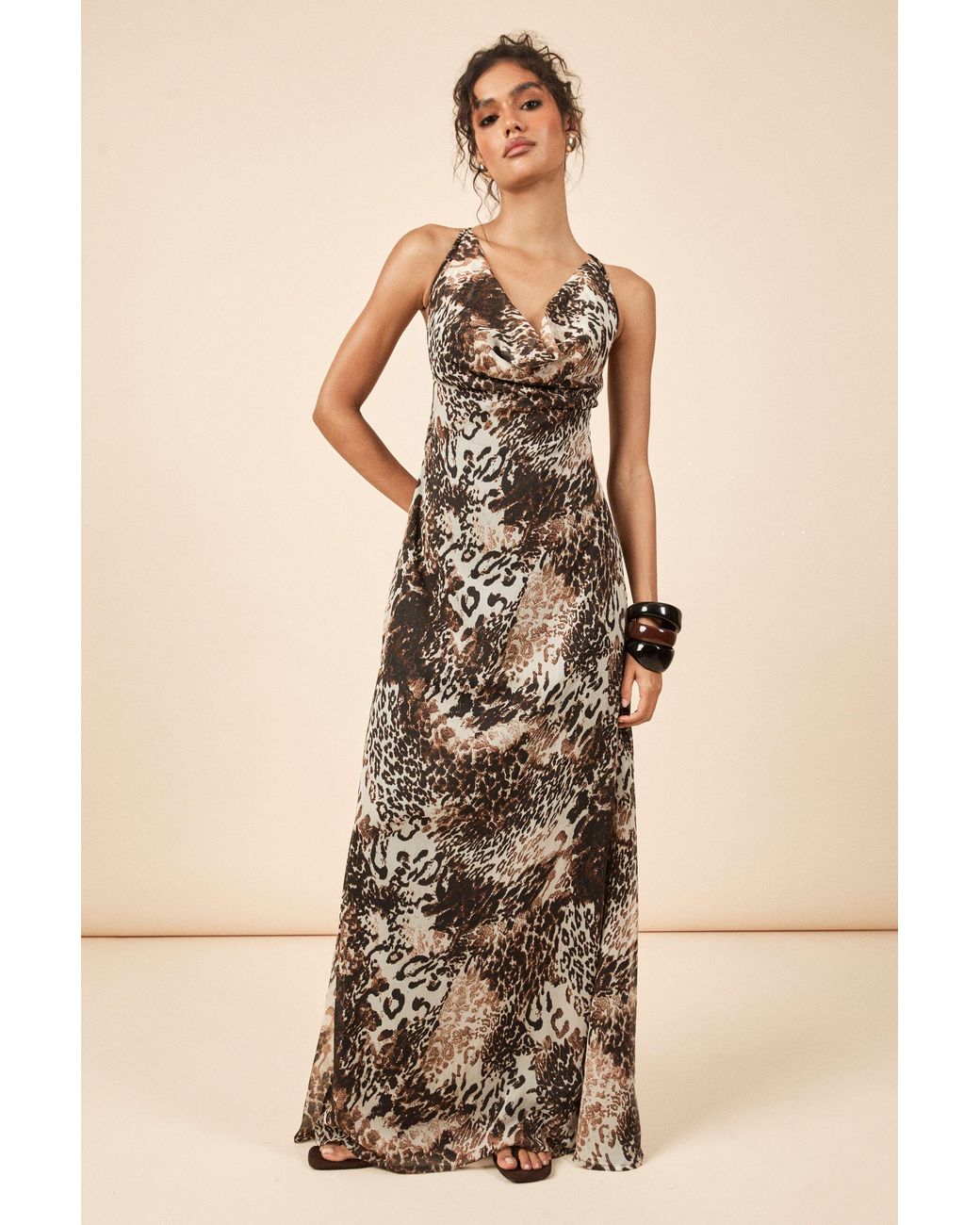 Boohoo Natural Tonal Animal Print Chiffon Cowl Front & Back Maxi Slip Dress