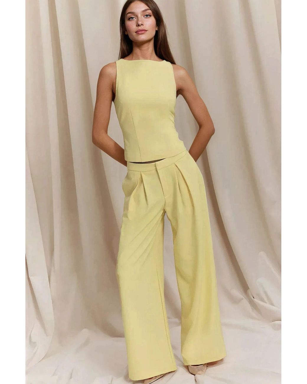 Hiccup Yellow Pleated Wide Leg Long Pants