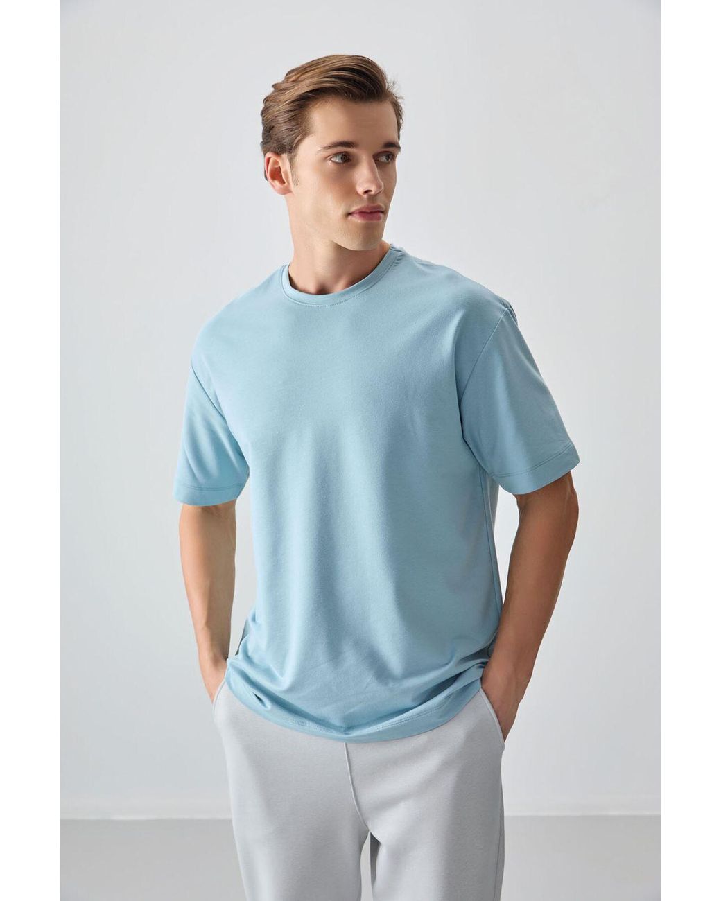 TOMMY LIFE Blue Oversized Cotton Blend Crew Neck T-Shirt for men