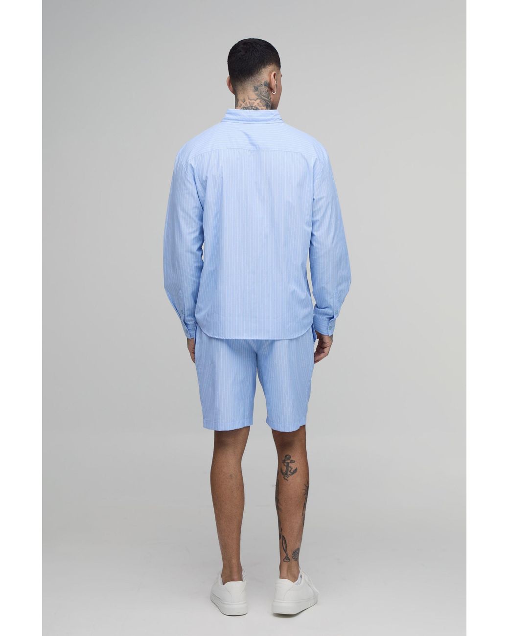 BoohooMAN Blue Tall Stripe Poplin Curved Hem Oversized Shirt & Baggy Short Set for men