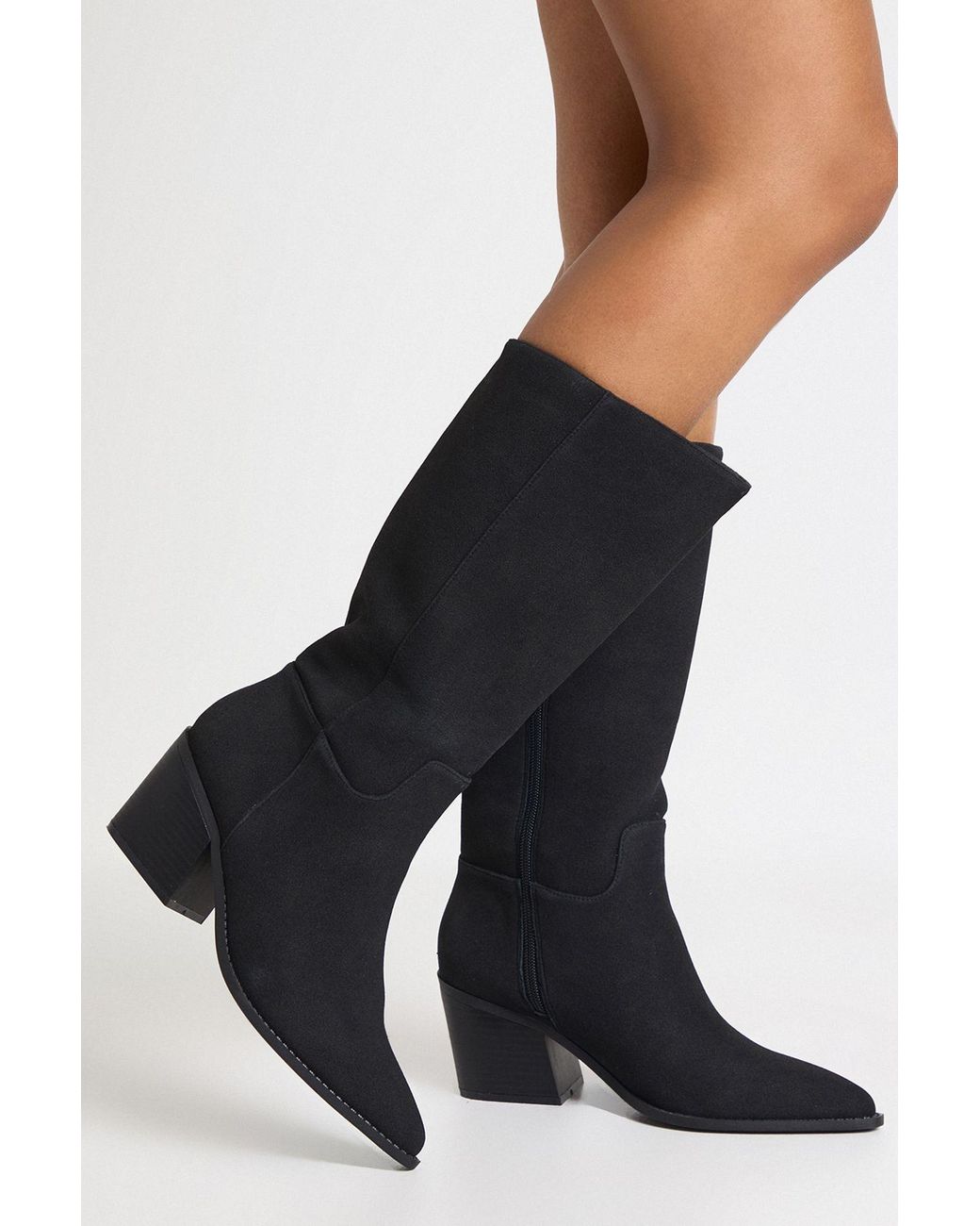 Boohoo Black Wide Fit Calf High Western Boots