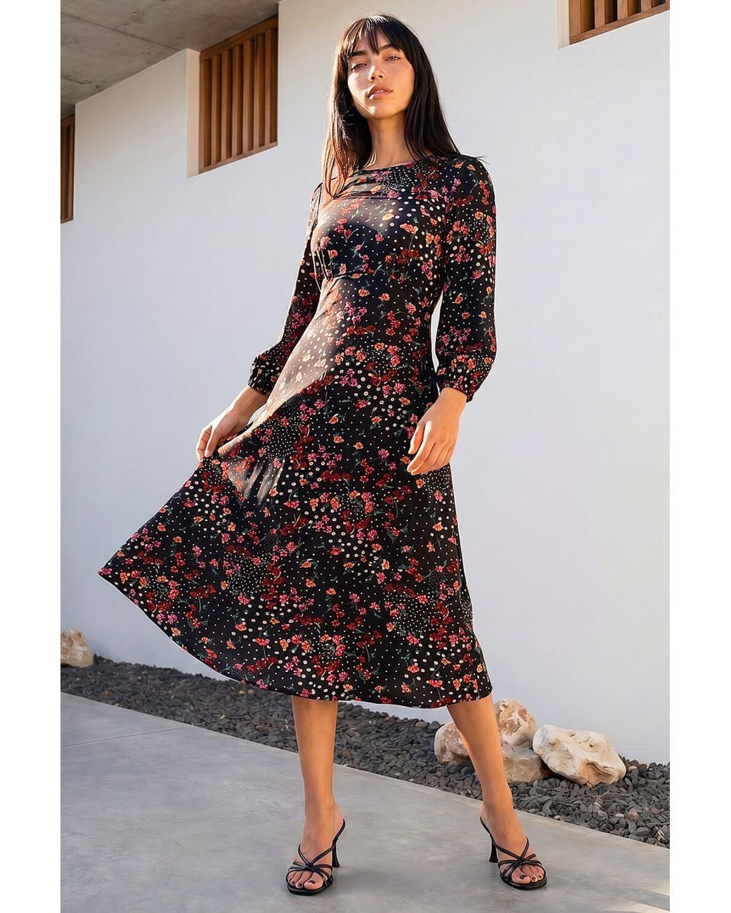 Roman Black Petite Floral Print Midi Dress