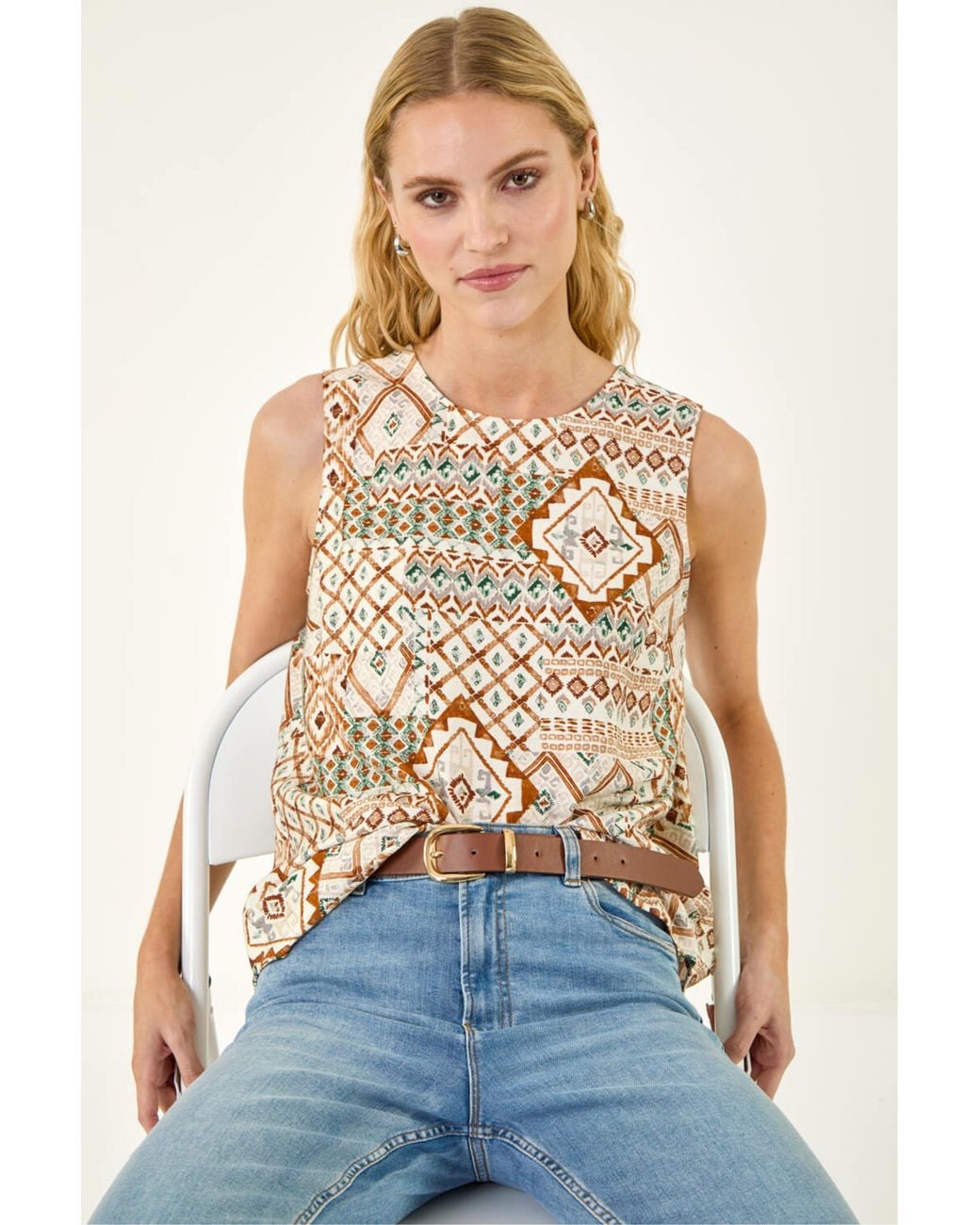 Roman Blue Patchwork Geometric Vest Top