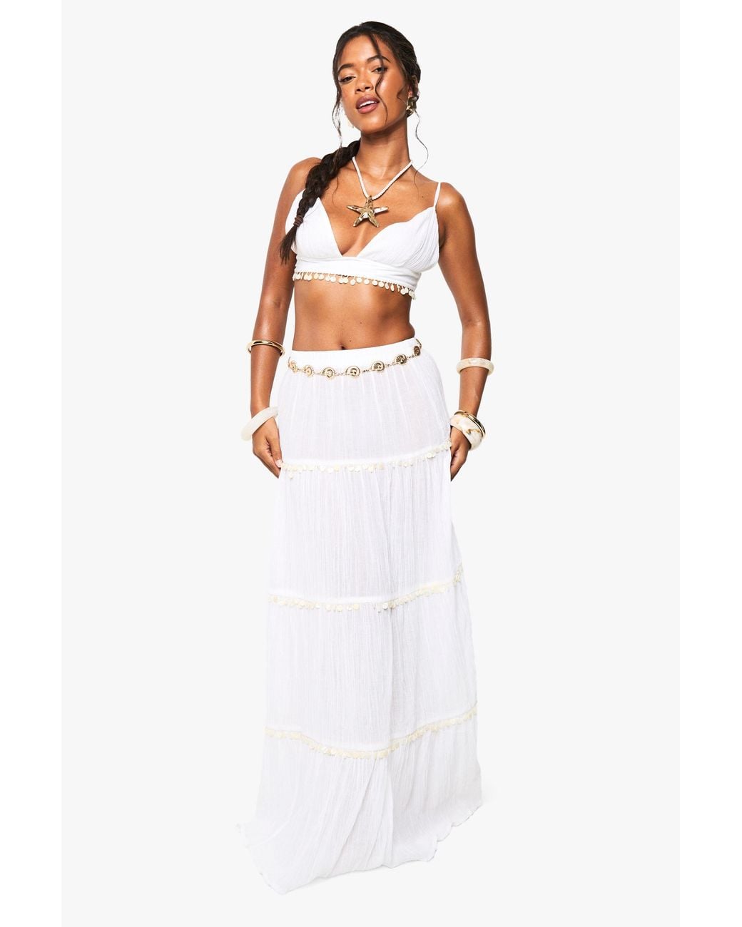 Boohoo White Shell Embellished Maxi Beach Skirt