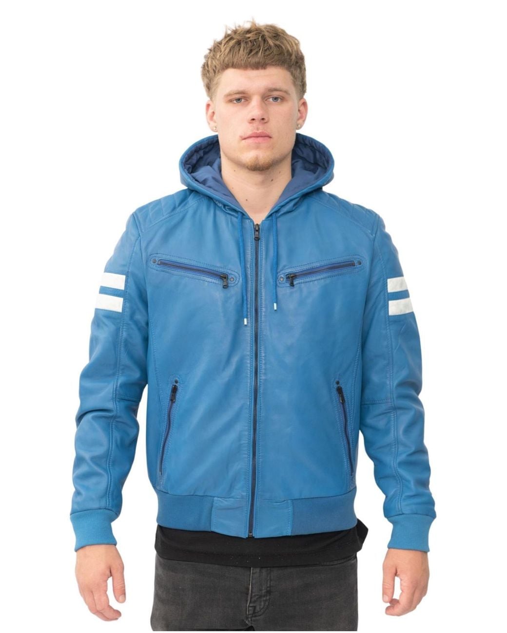 Infinity Leather Blue Hooded Retro Bomber Jacket for men