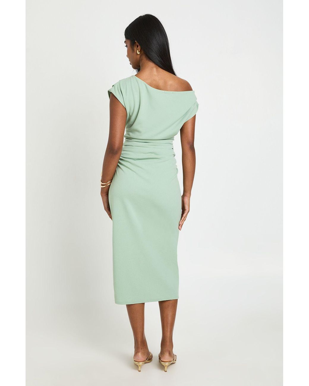 Boohoo Green Crepe Asym Neck Drape Midi Dress