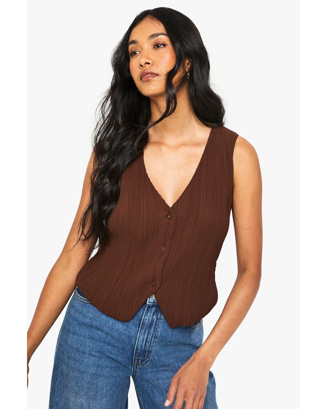 Boohoo Blue Plisse Button Front Waistcoat