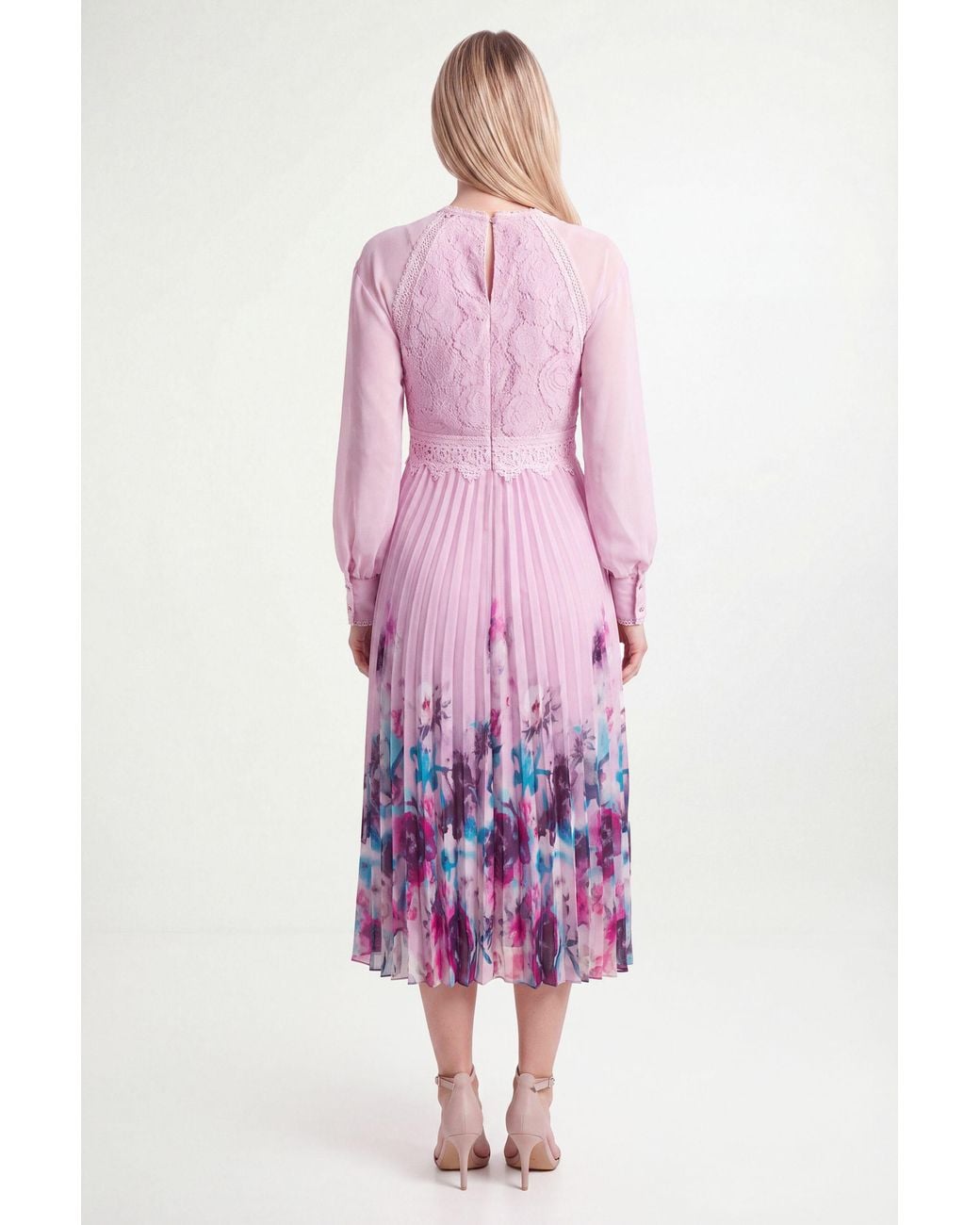 Wallis Pink Petite Floral Lace Insert Pleated Midi Dress