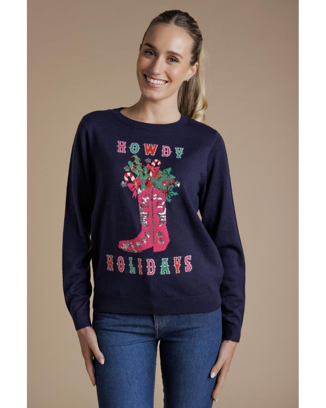 Tokyo Laundry Blue Howdy Holidays Embellished Christmas Jumper