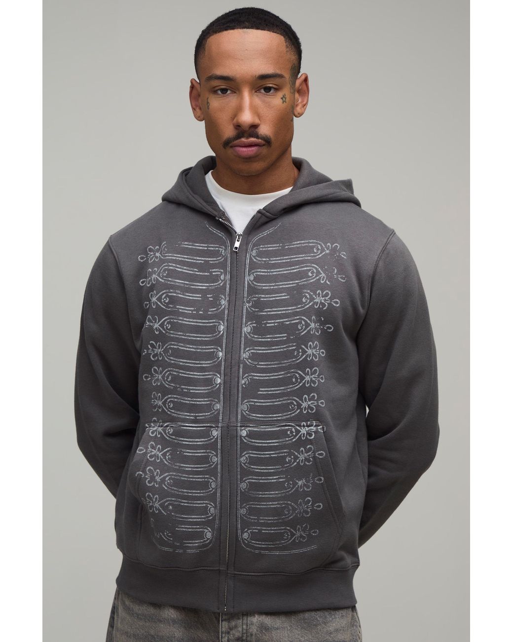 BoohooMAN Gray Regular Napoleon Print Zip Through Hoodie Cotton for men