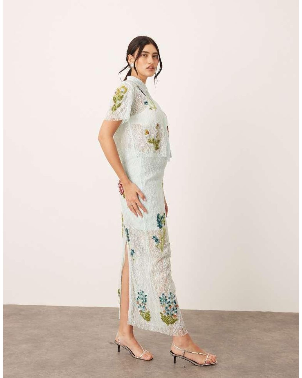 ARRANGE Natural Botanical Floral Embellished Lace Crop Shirt Co-Ord