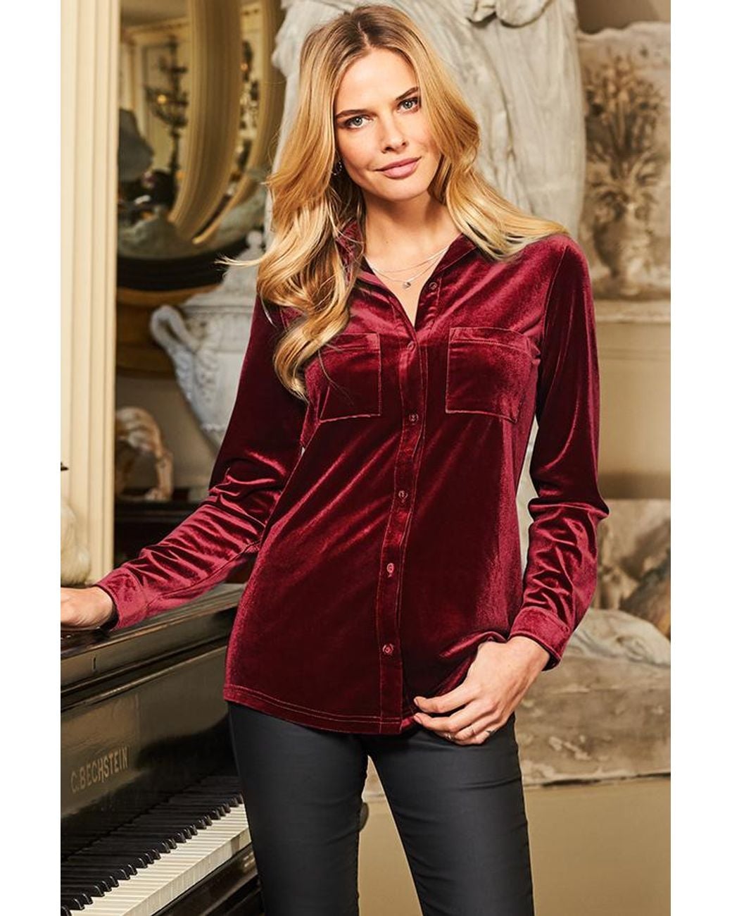 Sosandar Red Burgundy Luxe Velvet Shirt
