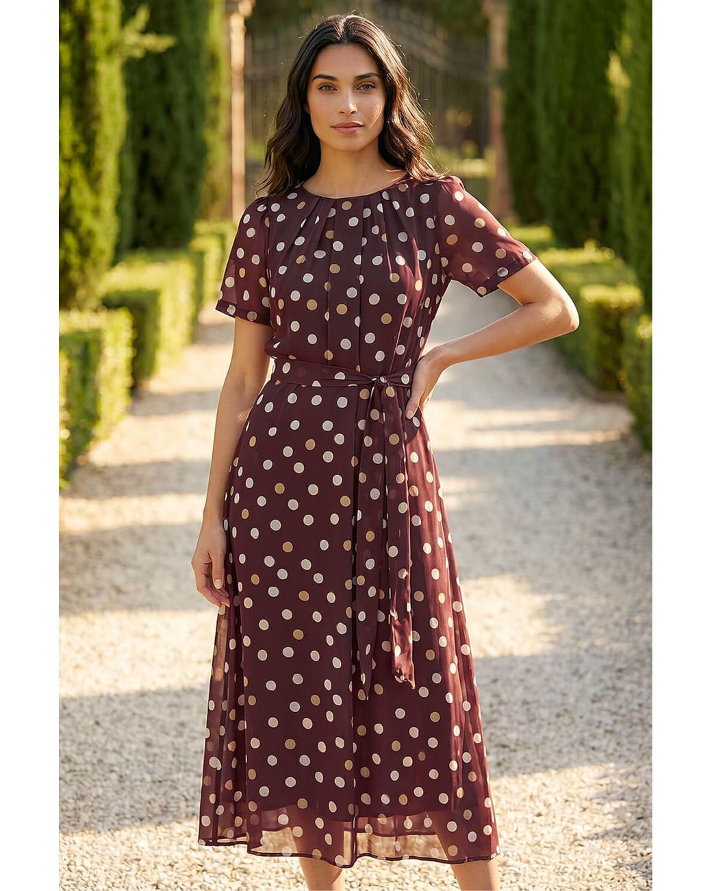 Roman Brown Polka Dot Pleat Neck Midi Dress
