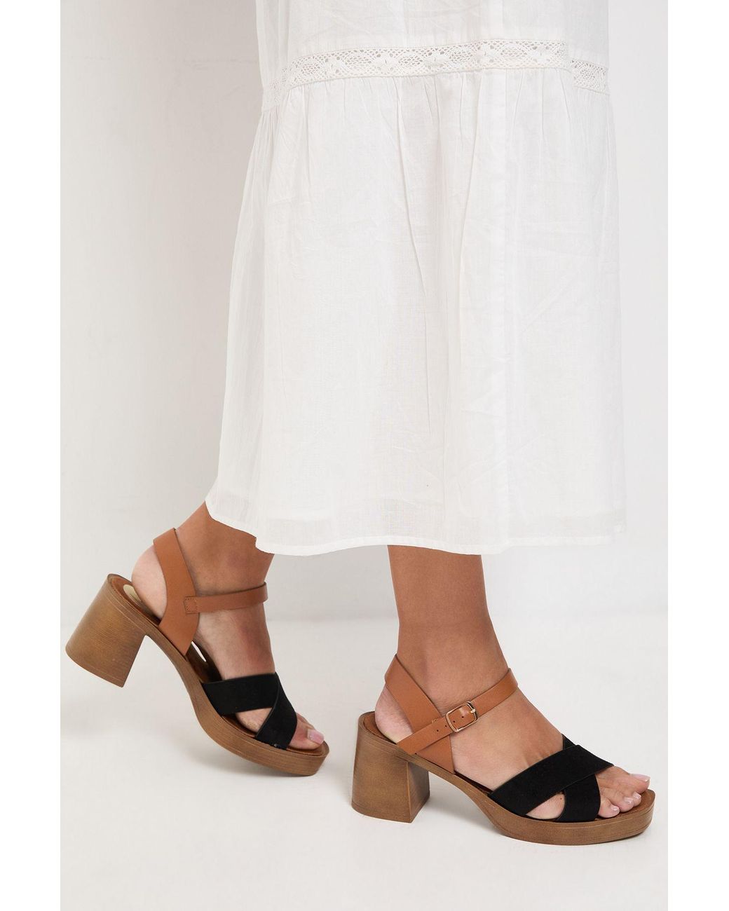 Oasis Natural Bethany Faux Suede Cross Over Stacked Heeled Sandals