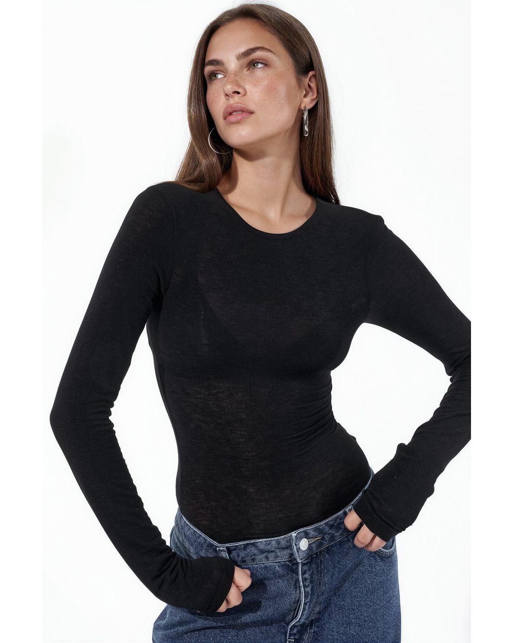 Busem Black Slim Fit Long Sleeve Transparent Blouse