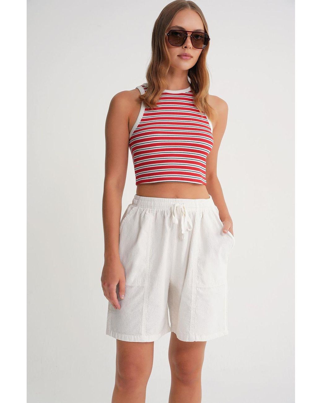MixRay Red High Waist Cotton Drawstring Mini Shorts