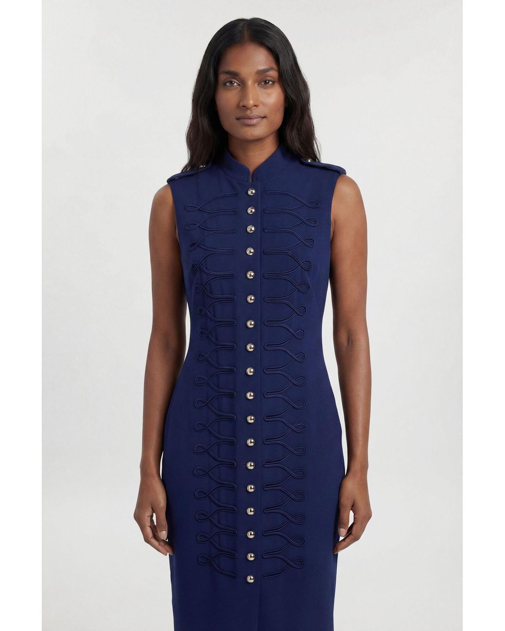 Karen Millen Blue Compact Stretch Button Detail Straight Pencil Dress