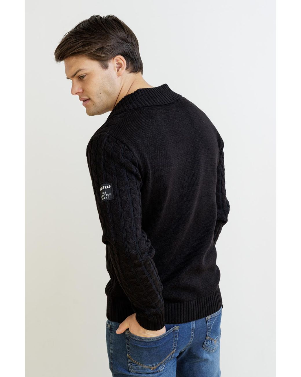 Firetrap Black Wool Blend Shawl Collar Cable Cardigan for men