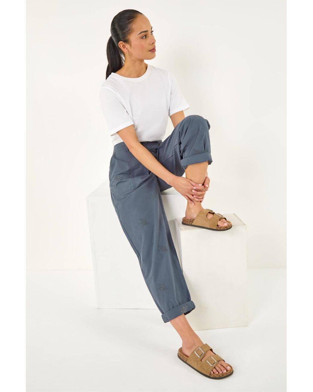 Roman Blue Petite Cotton Embroidered Trouser