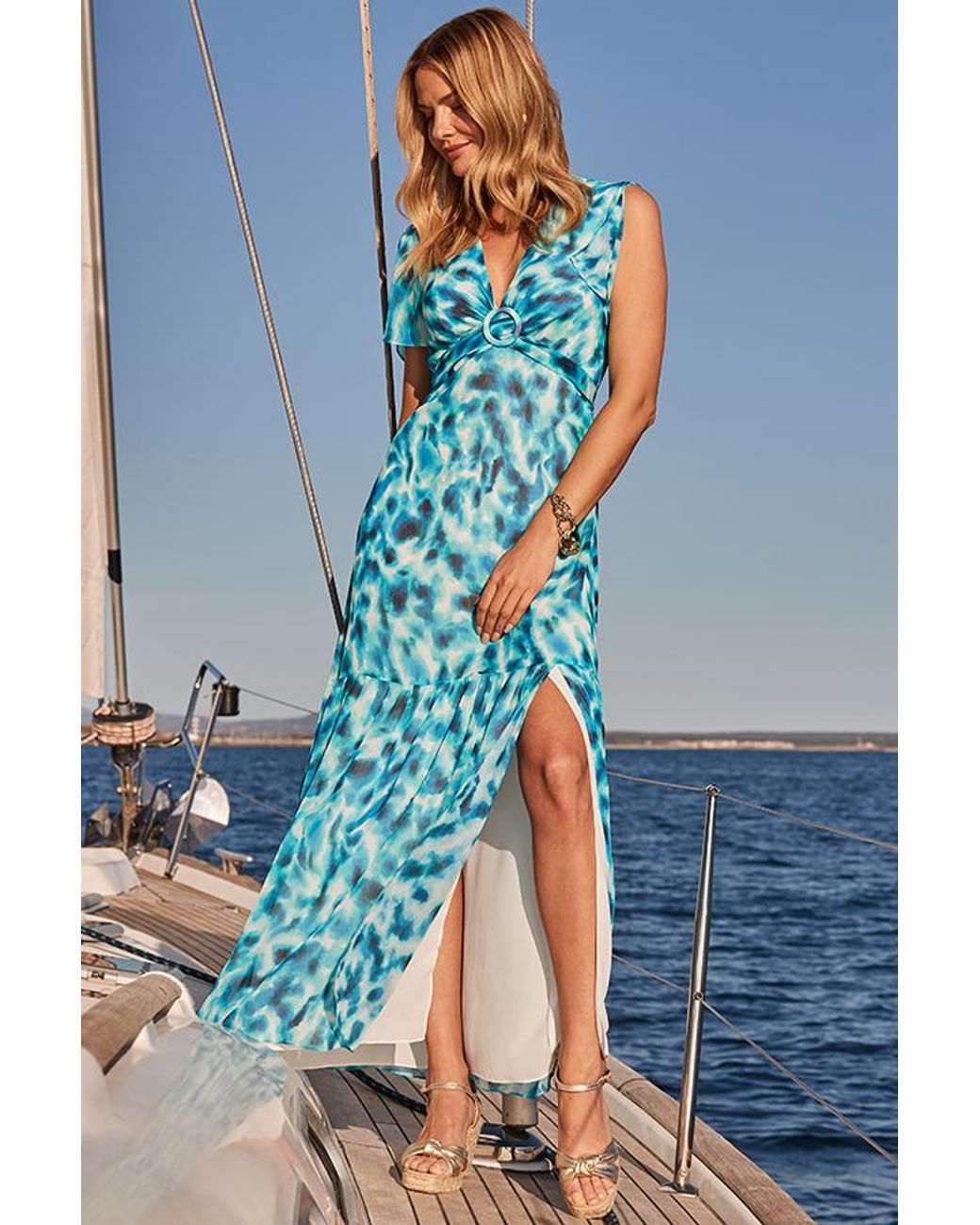 Sosandar Blue Ocean Split Hem Maxi Dress