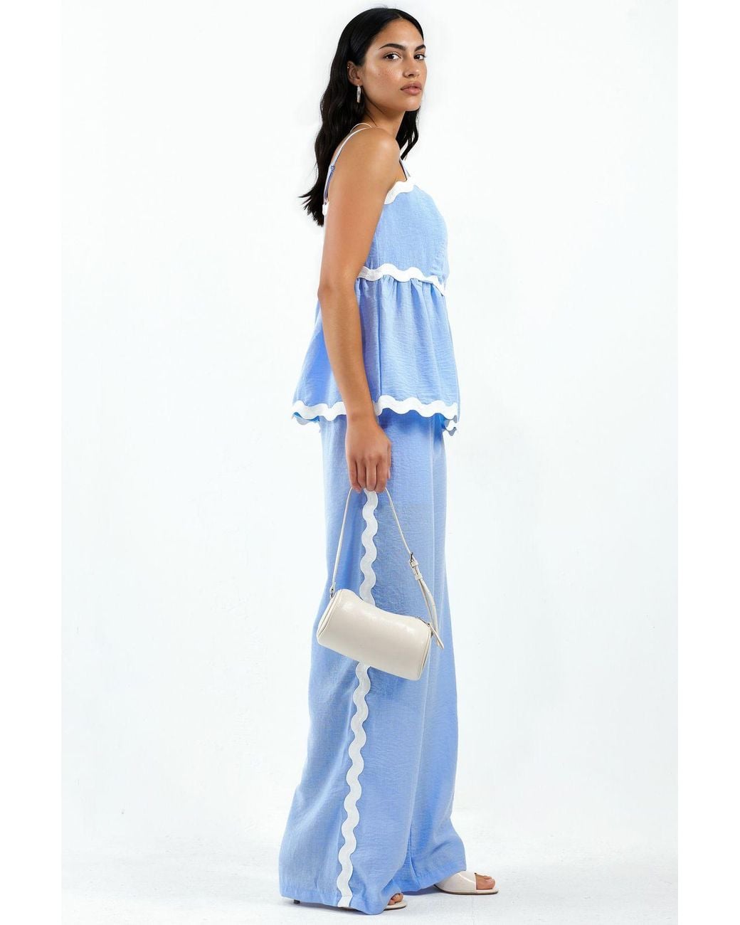 Msn-Collection Blue Strapless Linen Blouse And Wide-Leg Trouser Set